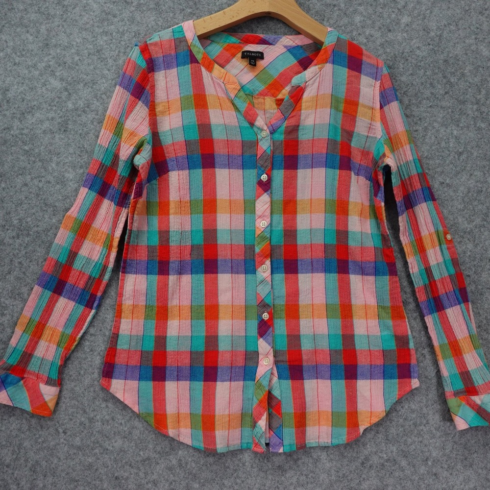 Madras Plaid Crinkle Shirt Womens XS Sunset Check Coastal Preppy Summer Talbots